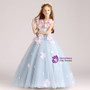 Blue Tulle Appliques Cap Sleeve Floor Length Flower Girl Dress