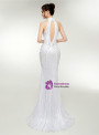 White Mermaid Tulle High Neck Backless Prom Dress With Beading