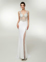 White Lace Mermaid Deep V-neck Backless Prom Dress With Side Split
