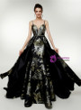 A-Line Black Satin Spaghetti Straps Print Backless Prom Dress