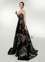 A-Line Black Satin Spaghetti Straps Print Backless Prom Dress
