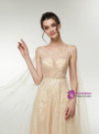 Sexy A-Line Champagne Tulle Sequins Backless Prom Dress