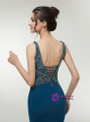 Blue Satin Mermaid Deep V-neck Lace Back Floor Length Prom Dress