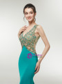 Sexy Green Satin Mermaid Backless Prom Dress With Crysatl