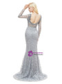 Gray Lace Mermaid Long Sleeve Backless Pearls Prom Dress