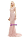 Pink Mermaid Tulle Cap Sleeve Pearls Floor Length Prom Dress