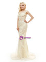 Champagne Tulle Mermaid Tulle Sequins Backless Prom Dress With Pearls