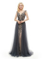 A-Line Gray Tulle V-neck Backless Floor Length Prom Dress