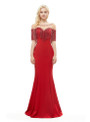 Red Satin Mermaid See Through Neck Prom Dress With Beading