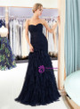 Navy Blue Sheath Sweetheart Neck Tulle Pleats Prom Dress