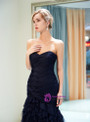 Navy Blue Sheath Sweetheart Neck Tulle Pleats Prom Dress