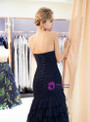 Navy Blue Sheath Sweetheart Neck Tulle Pleats Prom Dress