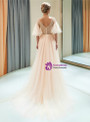 Champagne Pink Tulle V-neck Sequins Floor Length Prom Dress