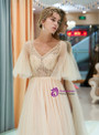 Champagne Pink Tulle V-neck Sequins Floor Length Prom Dress