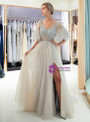 A-Line Gray Tulle V-neck Sequins Floor Length Prom Dress