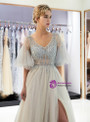 A-Line Gray Tulle V-neck Sequins Floor Length Prom Dress