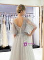 A-Line Gray Tulle V-neck Sequins Floor Length Prom Dress