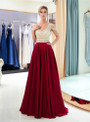 Burgundy Satin Cold Shoulder V-neck Backless Prom Dress With Beading