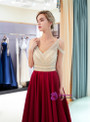 Burgundy Satin Cold Shoulder V-neck Backless Prom Dress With Beading