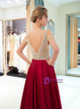Burgundy Satin Cold Shoulder V-neck Backless Prom Dress With Beading