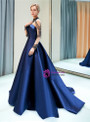 A-line Blue Satin High Neck Long Sleeve Prom Dress With Beading