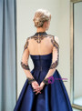 A-line Blue Satin High Neck Long Sleeve Prom Dress With Beading