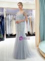 Gray Meramid Tulle Cap Sleeve Backless With Beading Prom Dress