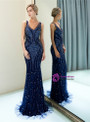 Blue Tulle Mermaid V-neck Sleeveless Sequins Prom Dress