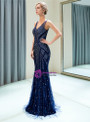 Blue Tulle Mermaid V-neck Sleeveless Sequins Prom Dress