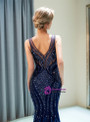 Blue Tulle Mermaid V-neck Sleeveless Sequins Prom Dress