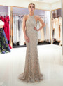 Champagne Halter Tulle Sequins Backless Floor Length Prom Dress