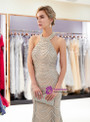 Champagne Halter Tulle Sequins Backless Floor Length Prom Dress