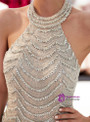 Champagne Halter Tulle Sequins Backless Floor Length Prom Dress
