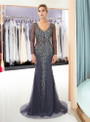 Gray Mermaid Tulle See Through V-neck Prom Dress With Beading