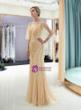 Champagne Tulle Mermaid Sequins Cap Sleeve Backless Prom Dress