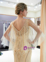Champagne Tulle Mermaid Sequins Cap Sleeve Backless Prom Dress