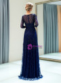 Blue See Through Tulle Sequins 3/4 Sleeve Floor Length Prom Dress