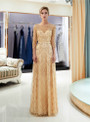 Champagne See Through Tulle Sequins 3/4 Sleeve Prom Dress