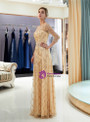 Champagne See Through Tulle Sequins 3/4 Sleeve Prom Dress