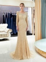 Champagne Tulle Sequins Mermaid Backless Long Sleeve Prom Dress