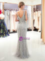Silver Gray Mermaid Tulle Sequins V-neck Backless Prom Dress