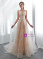 Champagne Tulle See Through Backless Print Wedding Dress