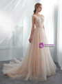 Champagne Tulle See Through Backless Print Wedding Dress