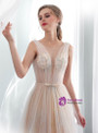 Champagne Tulle See Through Backless Print Wedding Dress
