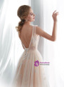Champagne Tulle See Through Backless Print Wedding Dress