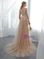 Cheap Champagne Tulle See Through Floor Length Wedding Dress