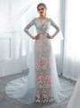 Blue Tulle Lace Mermaid Long Sleeve Appliques Wedding Dress