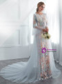 Blue Tulle Lace Mermaid Long Sleeve Appliques Wedding Dress