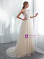A-Line Champagne Tulle Halter Appliques Floor Length Wedding Dress