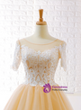 Champagne Tulle Lace Appliques Short Sleeve Backless Wedding Dress